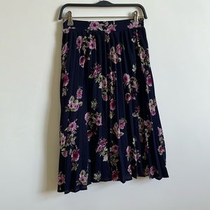 -Blue & Pink Floral Pleated Midi Skirt with Elastic Waist Band Size Small